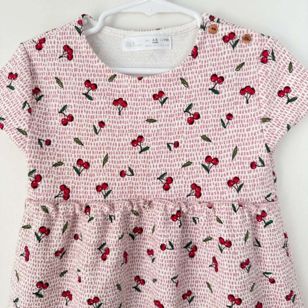 Zara Girls Cherry Print Dress Pink Red Elastic Waist Size 4–5